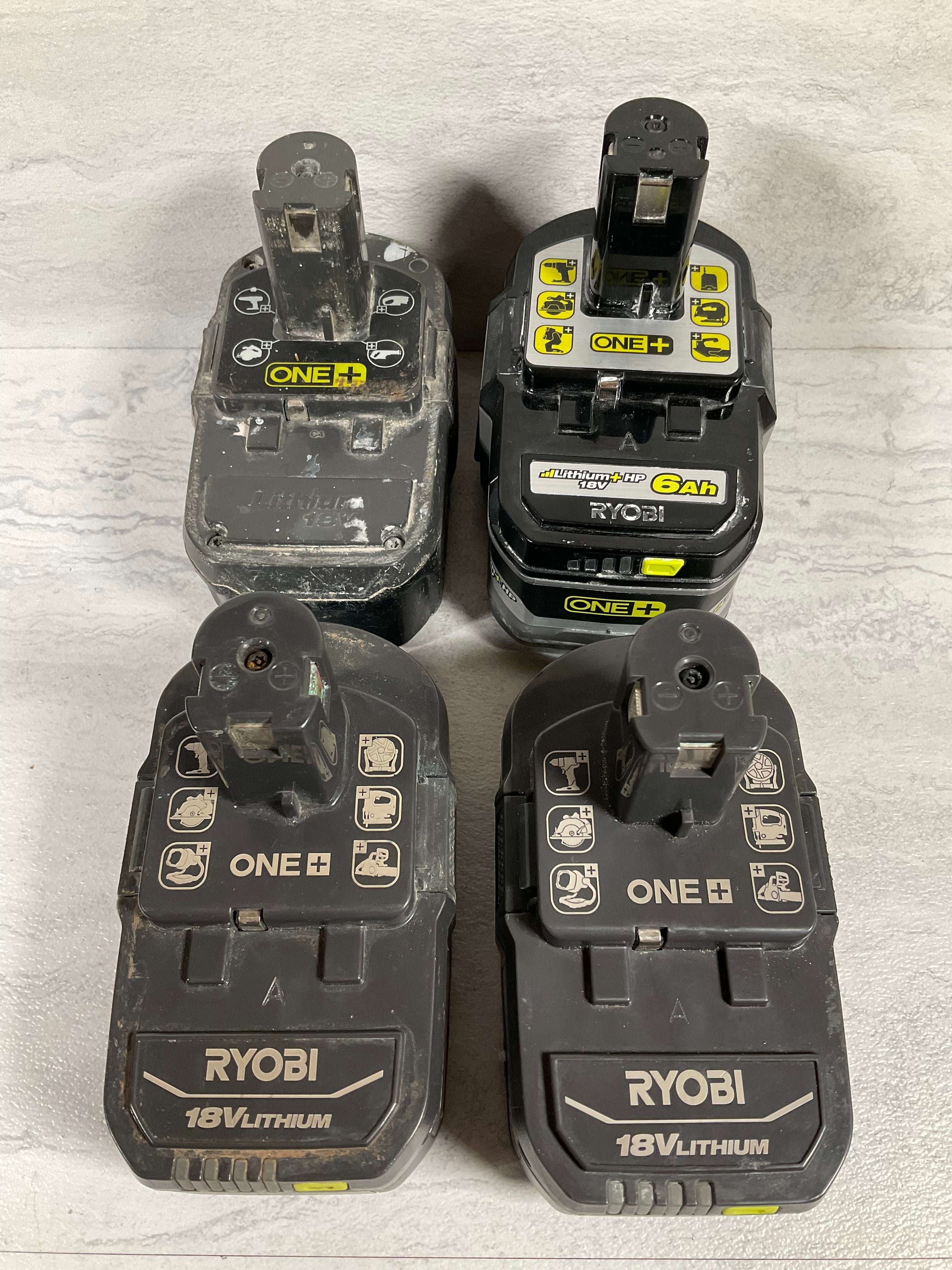 (LOT OF 4) RYOBI 18V BATTERIES, FOR PARTS, 2-PBP005, P105, P193 (7197985013998)